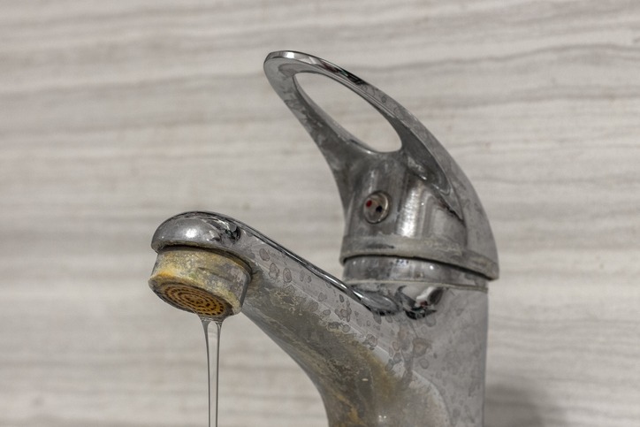 A thin stream of hard water flows from an old tap aerator