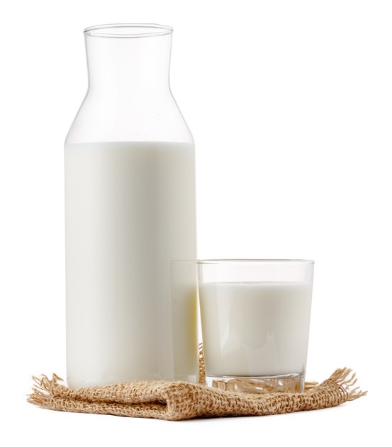 A milk bottle and a milk glass