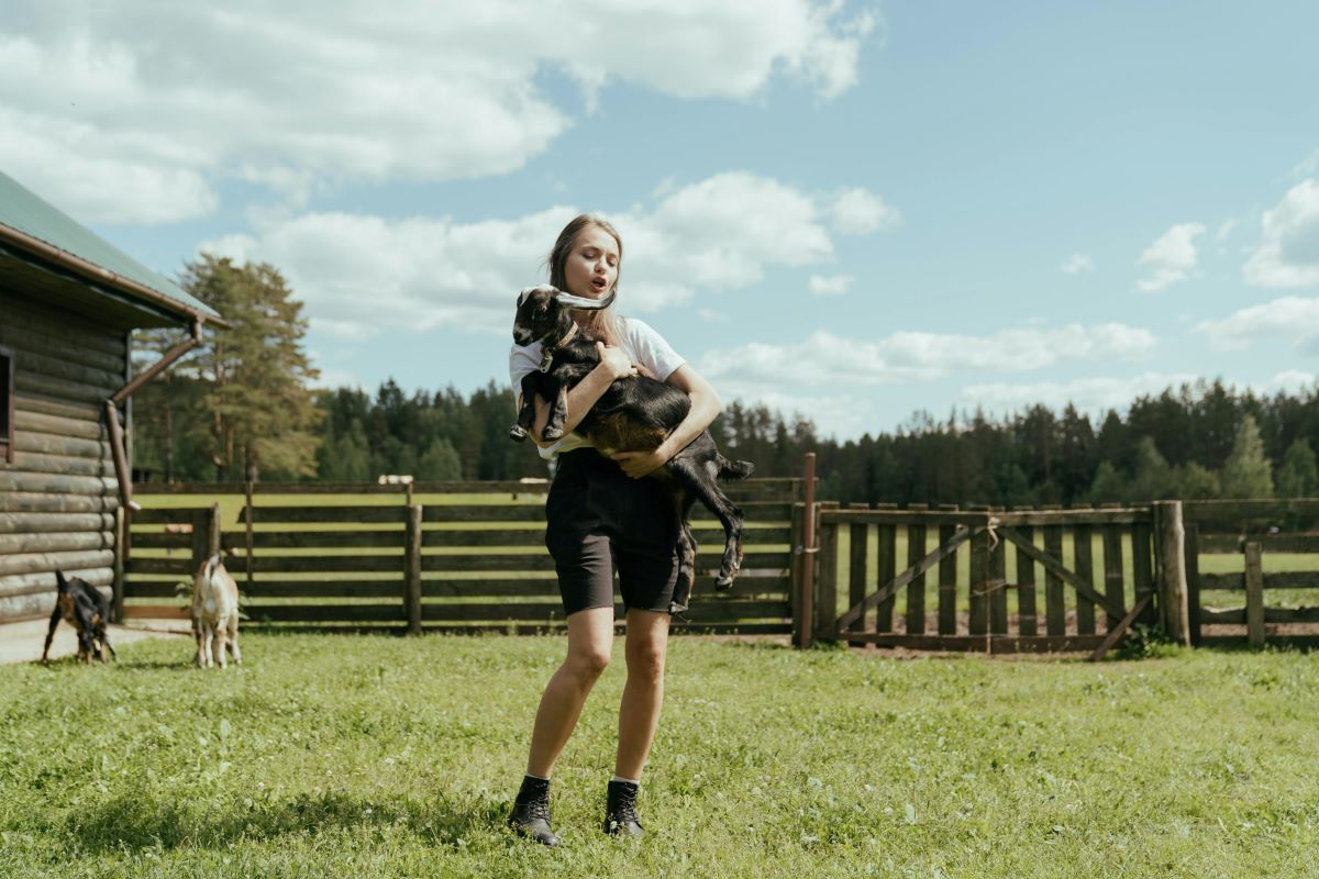 A woman holding a sheep