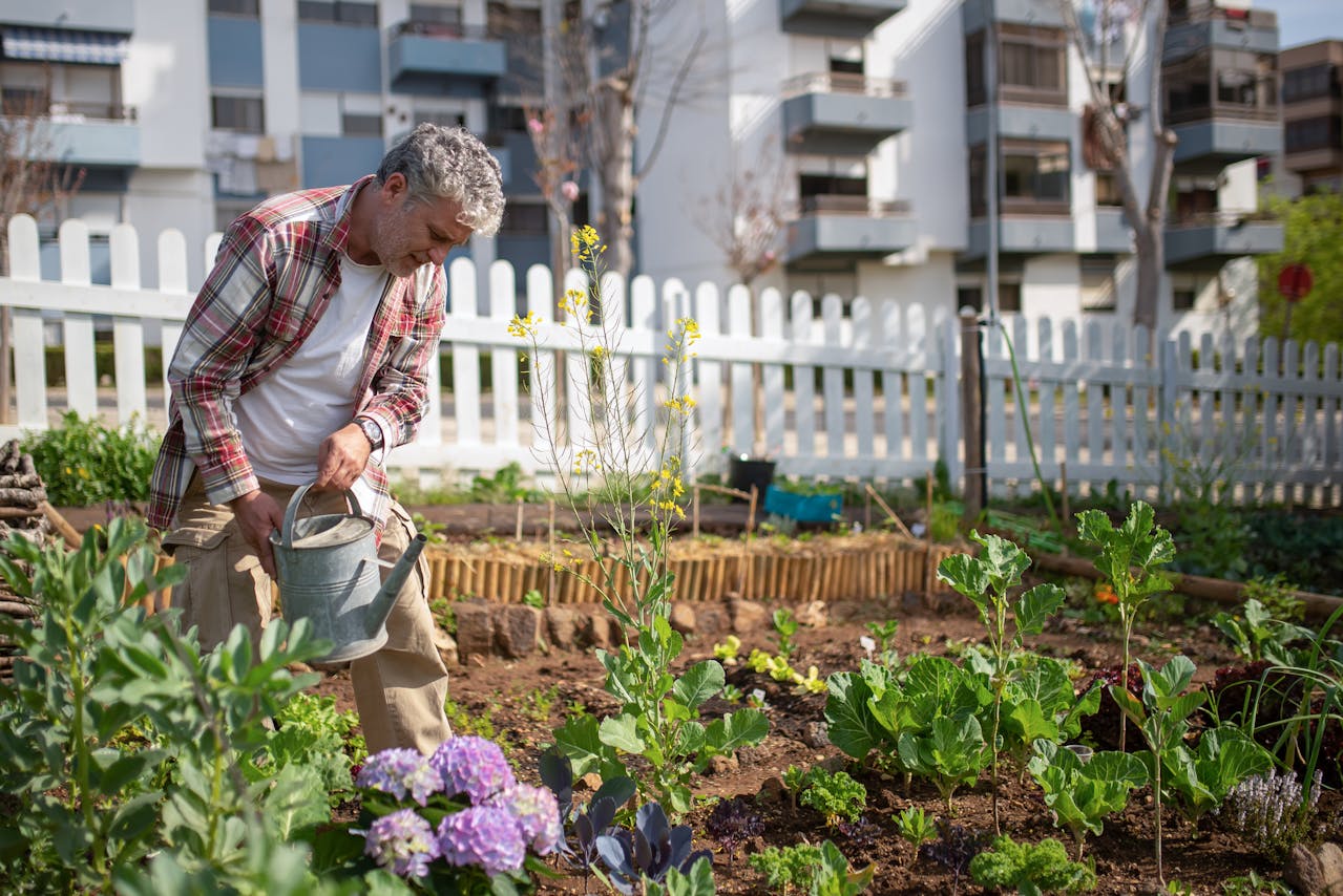 a man watering his plants