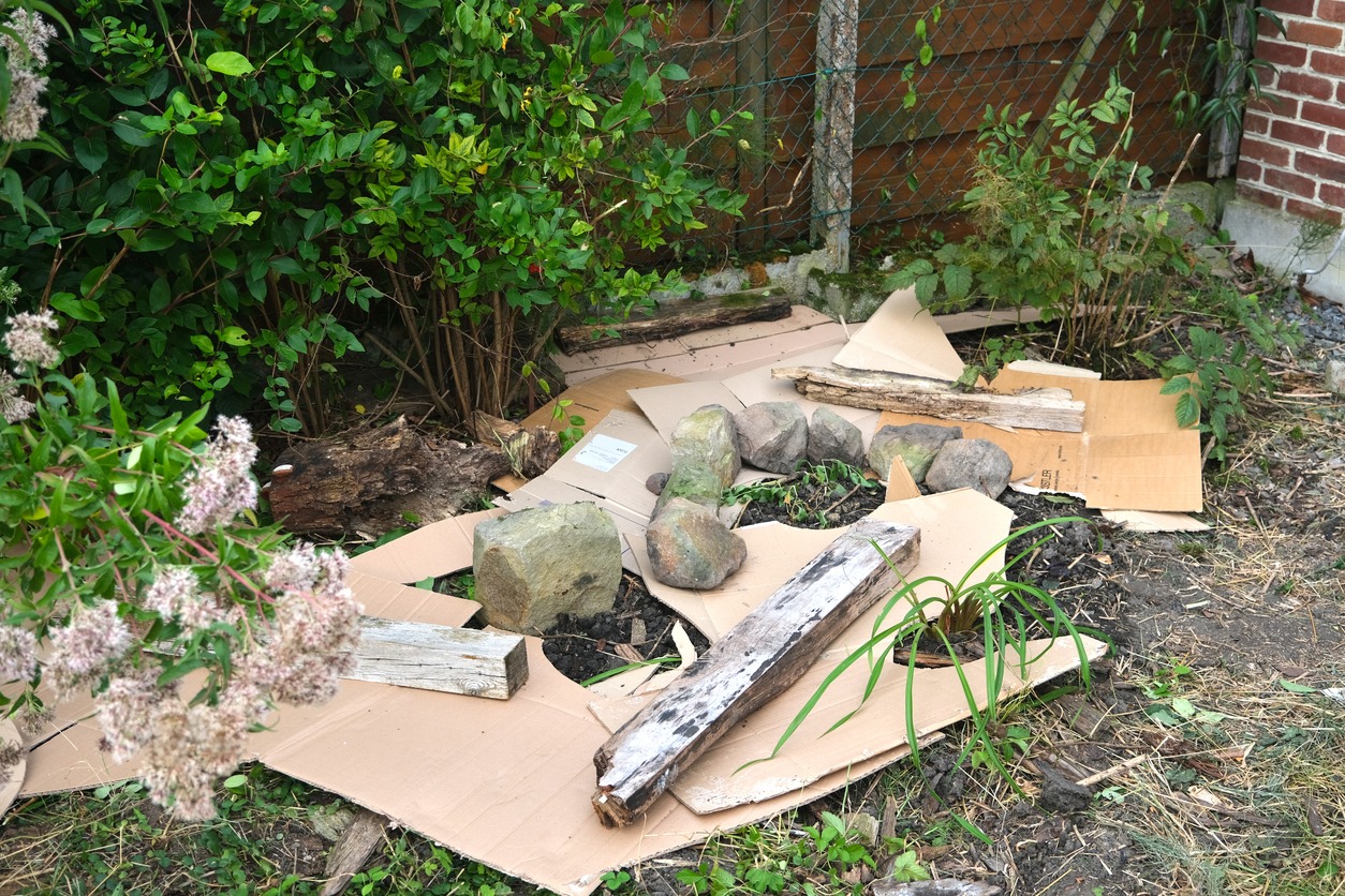 Putting cardboard in a flowerbed to limit the spread of weeds and keep the soil moist