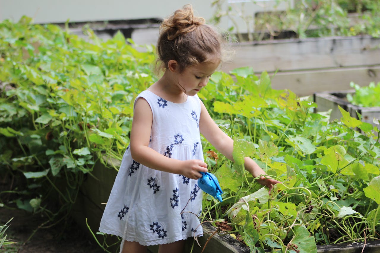 a child watering plants using a toy watering can