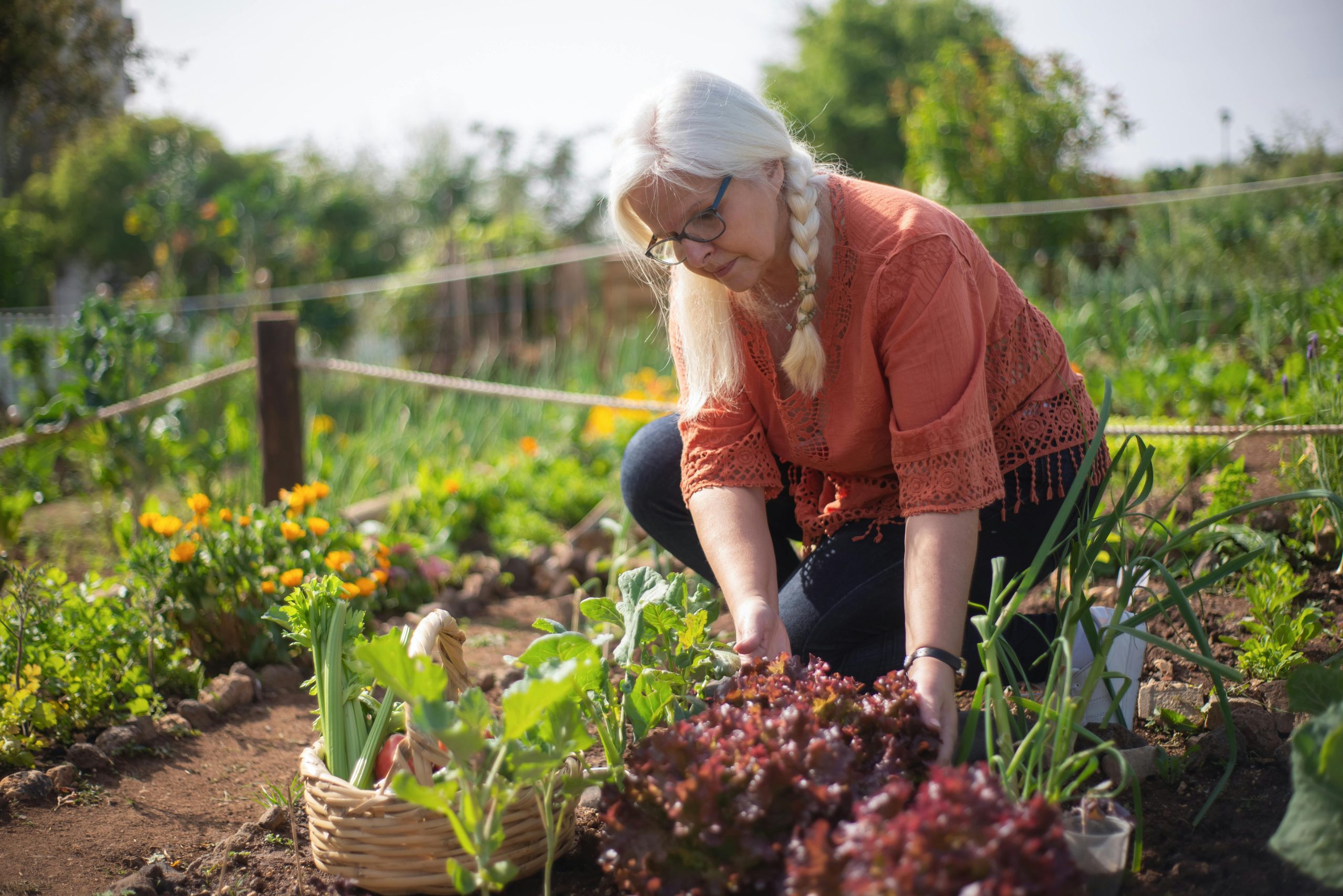 a woman in a vegetable garden