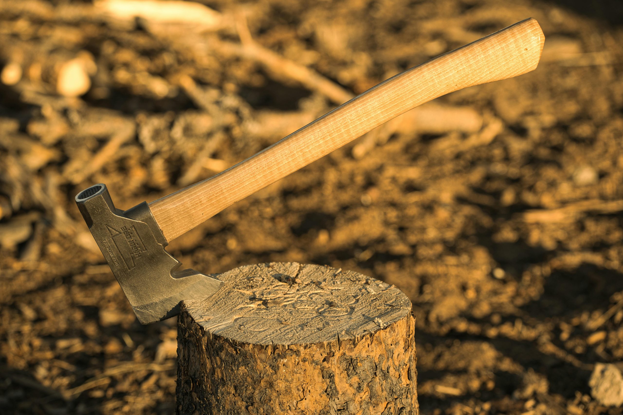 a hatchet on a tree stump