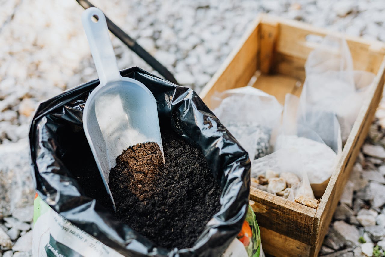 bag of garden soil with fertilizer and seeds