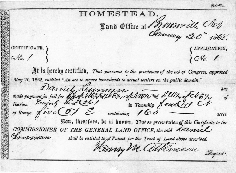 Certificate of homestead in Nebraska