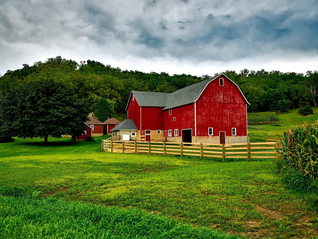 a red barn in a farm