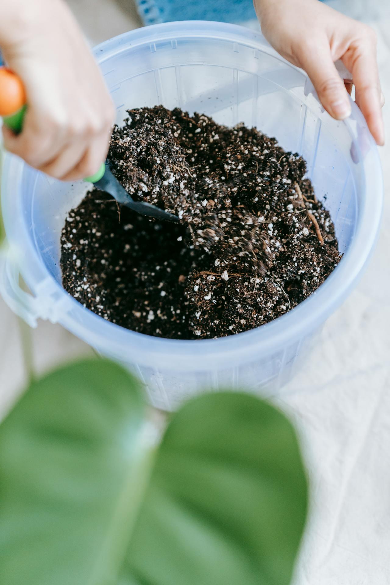 Woman preparing soil for planting houseplant