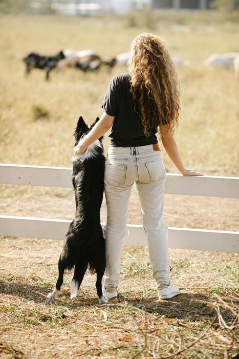 Woman standing beside purebred dog leaning on wooden fence