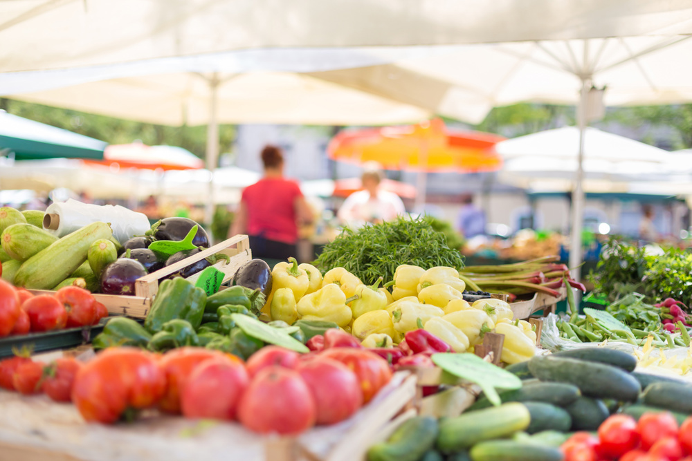 Farmers' food market stall with variety of organic vegetables