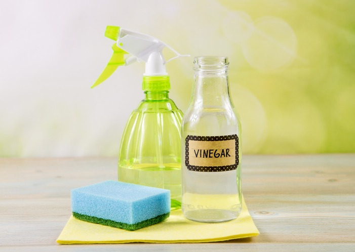 Chemical free home cleaner products concept. Using natural destilled white vinegar in spray bottle to remove stains