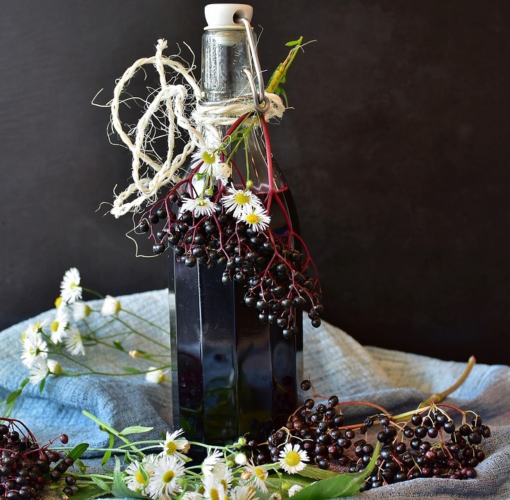 elderberry syrup, bottle, elderberries, flowers