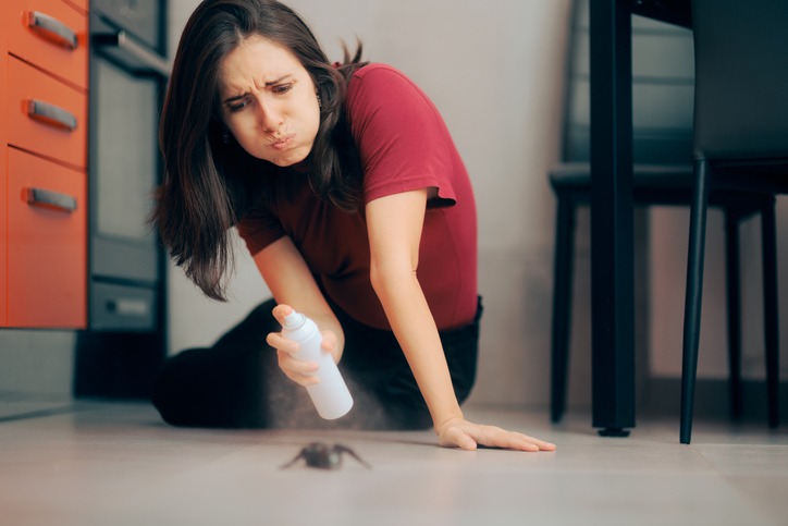 Woman Spraying with Insecticide Over an Ant on the Kitchen Floor