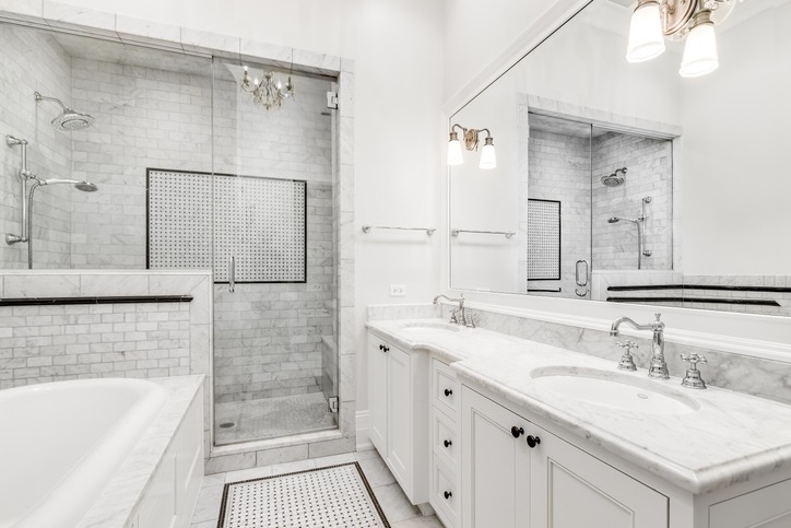 A luxury bathroom with marble tiles.